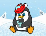 Um pinguim com um presente de Natal