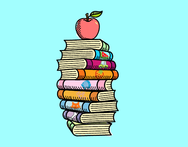 maçã e livros da professora