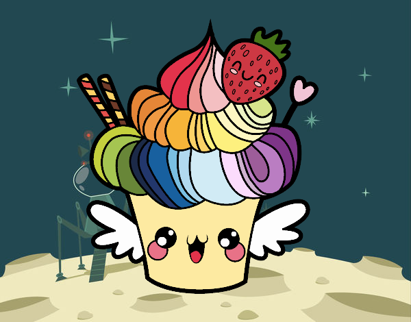 Desenho de Cupcake kawaii com morango para Colorir - Colorir.com