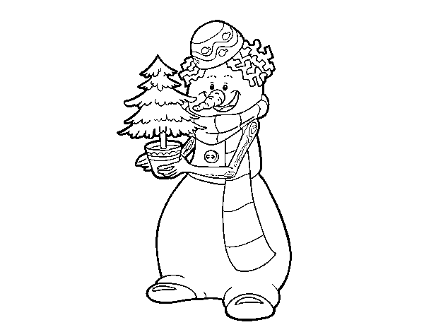 Desenho de Boneco de neve com árvore de Natal para Colorir