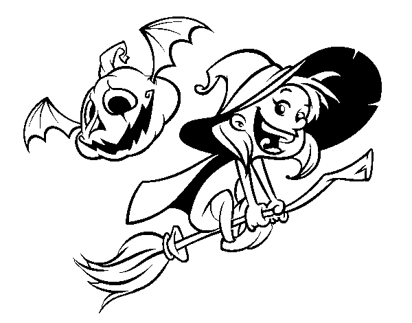 Desenho de Bruxa e abóbora do Dia das bruxas para Colorir