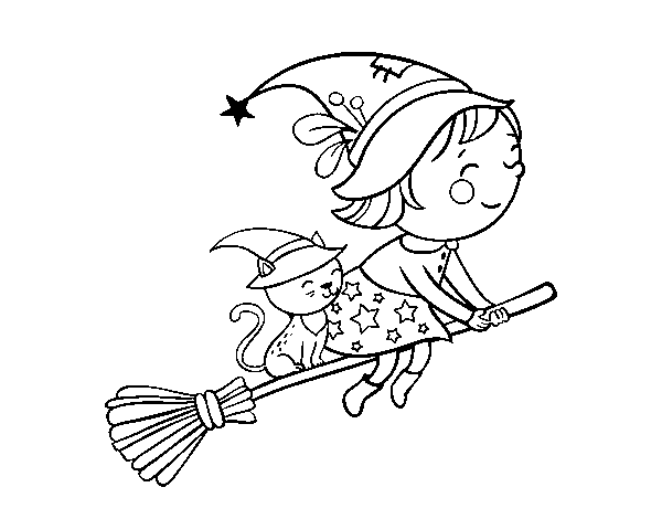 Desenho de Bruxinha a voar com sua vassoura para Colorir