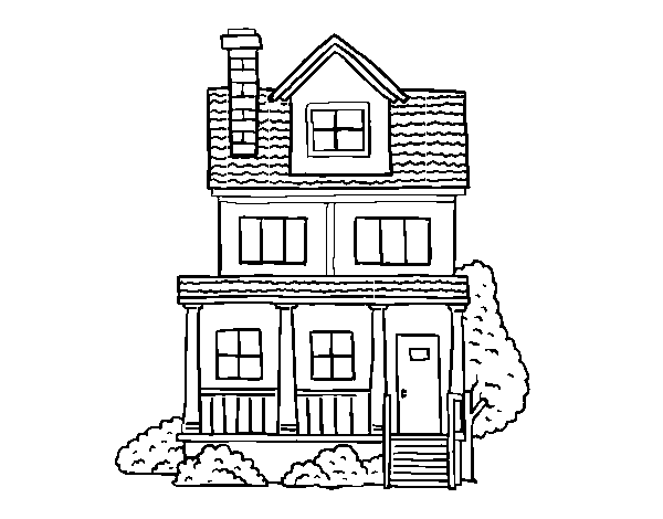 Desenho de Casa de dois andares com sótão para Colorir
