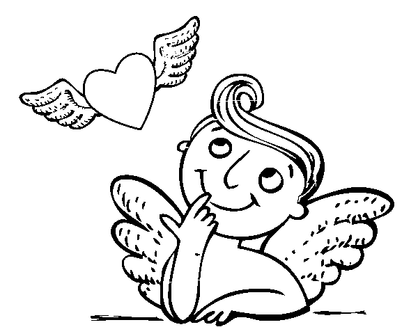 Desenho de Cupido e coração com asas para Colorir