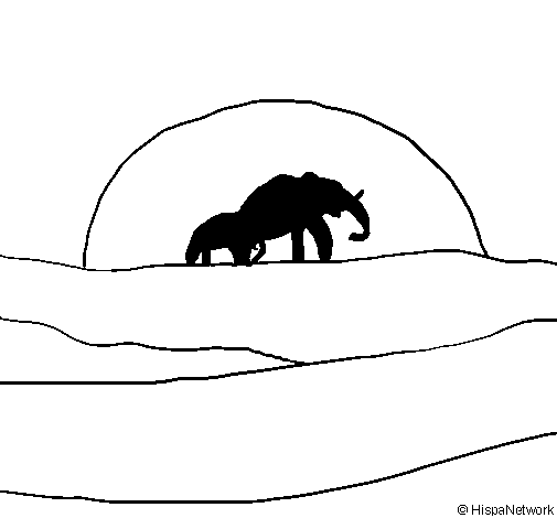 Desenho de Elefante ao amanhecer para Colorir