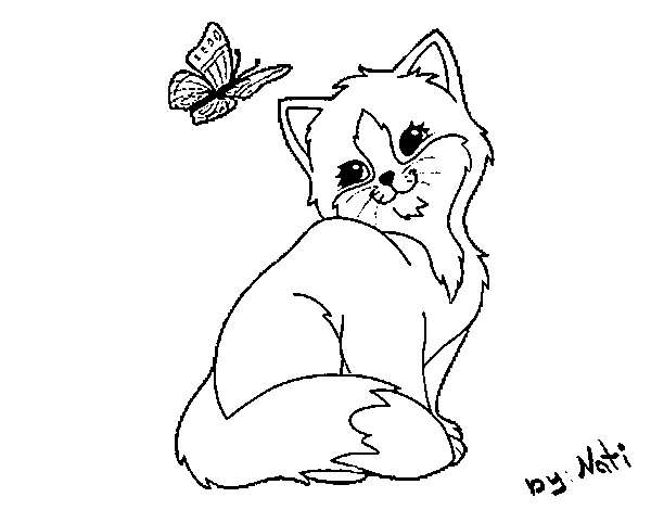Desenho de Gatito e Borboleta para Colorir