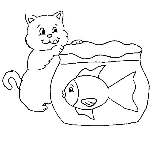 Desenho de Gato e peixe para Colorir