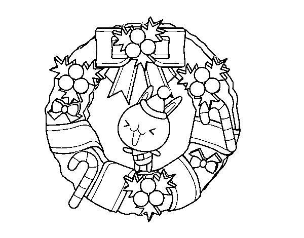Desenho de Guirlanda de Natal e coelhito para Colorir