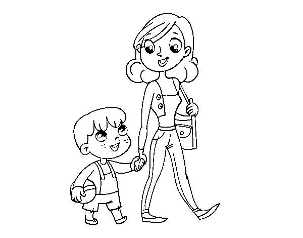 Desenho de Mãe andando com criança para Colorir