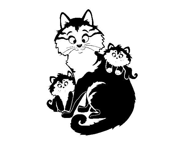 Desenho de Mãe gata e gatinhos para Colorir