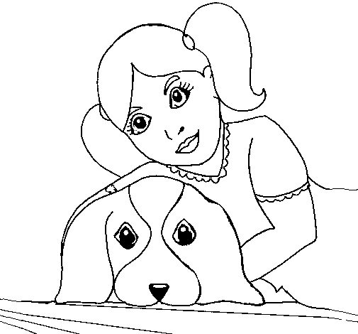 Desenho de Menina a abraçar o seu cão para Colorir