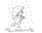 Desenho de Menina com guarda-chuva na chuva para colorear
