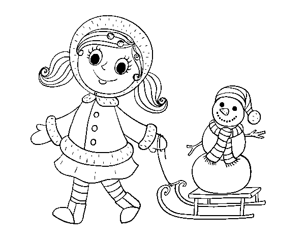 Desenho de Menina com o trenó e boneco de neve para Colorir