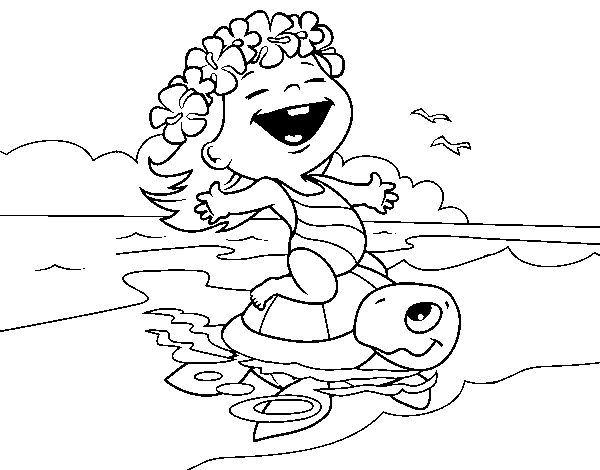 Desenho de Menina com tartaruga marinha para Colorir