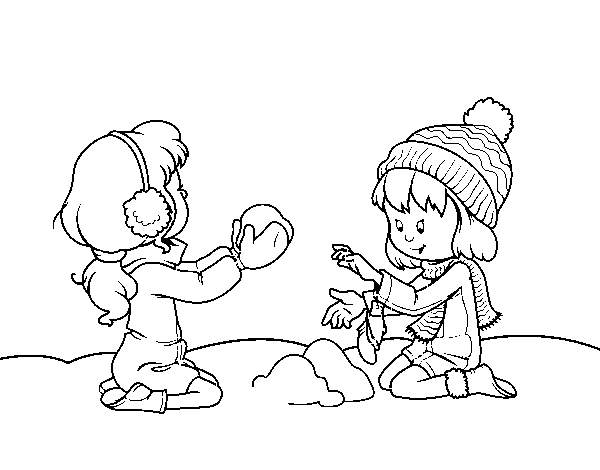 Desenho de Meninas que jogam com neve para Colorir
