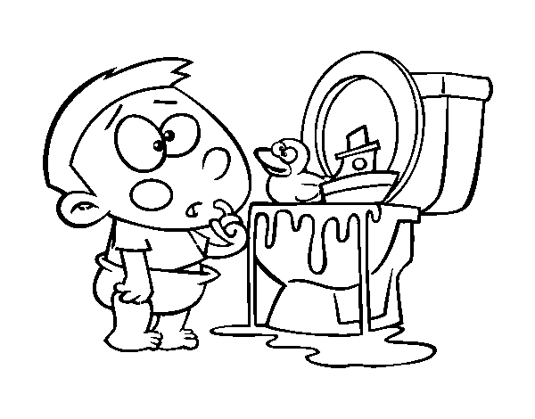 Desenho de Menino no um vaso sanitário para Colorir