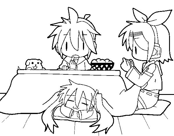 Desenho de Miku, Rin e Len-almoço para Colorir