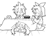 Desenho de Miku, Rin e Len-almoço para colorear
