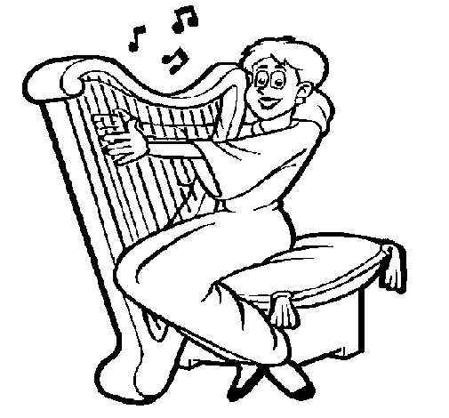 Desenho de Mulher a tocar harpa para Colorir