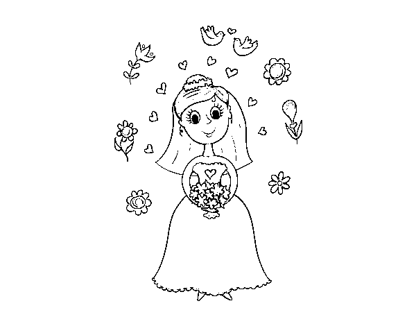 Desenho de Noiva com flores para Colorir