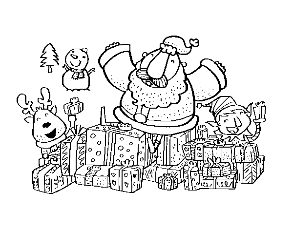 Desenho de Papai Noel com presentes e alegria para Colorir