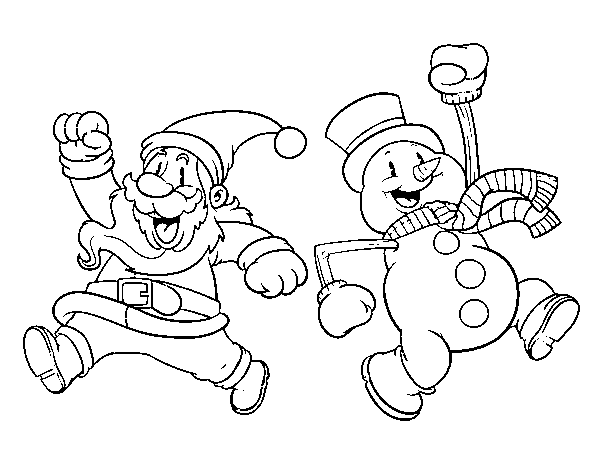 Desenho de Papai Noel e boneco de neve de salto para Colorir