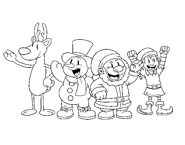 Desenho de Papai Noel e seus amigos para Colorir