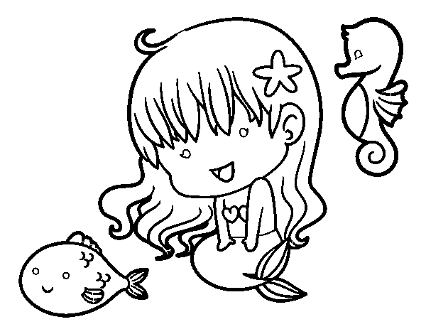 Desenho de Pequena sereia e seus amigos para Colorir