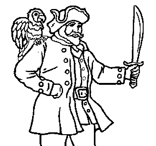 Desenho de Pirata com um papagaio para Colorir