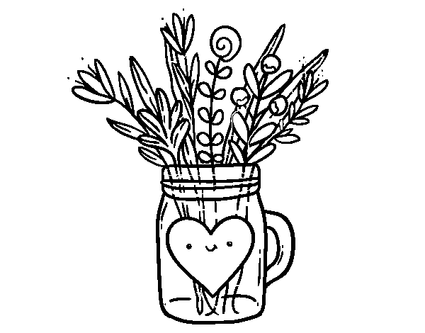 Desenho de Pote com flores silvestres e um coração para Colorir
