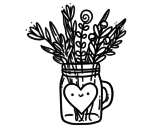 Desenho de Pote com flores silvestres e um coração para colorear