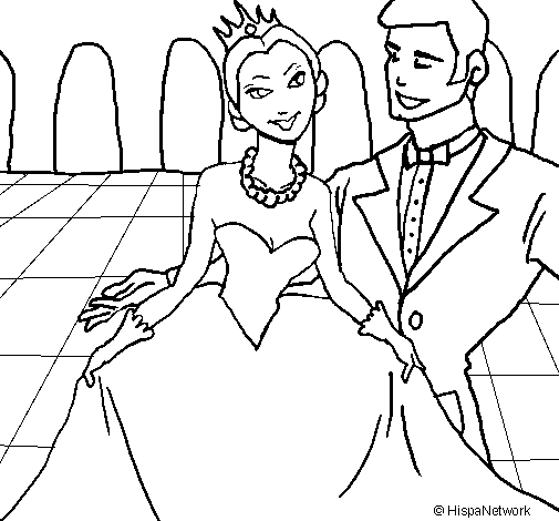 Desenho de Princesa e príncipe no baile para Colorir