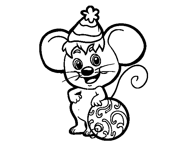 Desenho de Rato com chapéu de Natal para Colorir