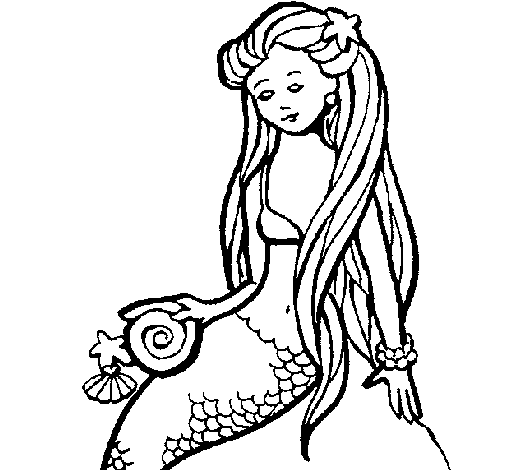 Desenho de Sereia com caramujo para Colorir