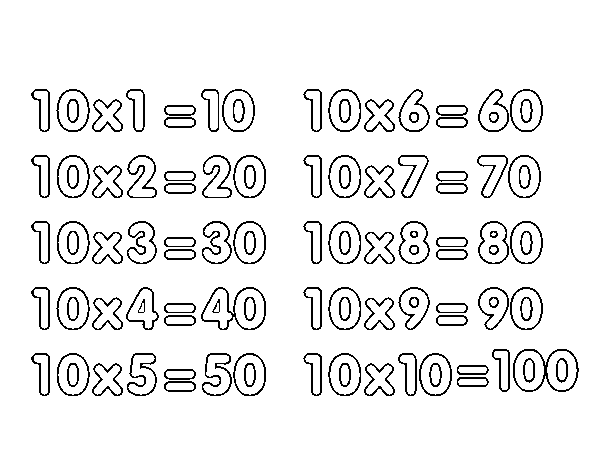 Desenho de Tabuada de Multiplicação do 10 para Colorir