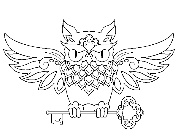 Desenho de Tatuagem de coruja com chave para Colorir